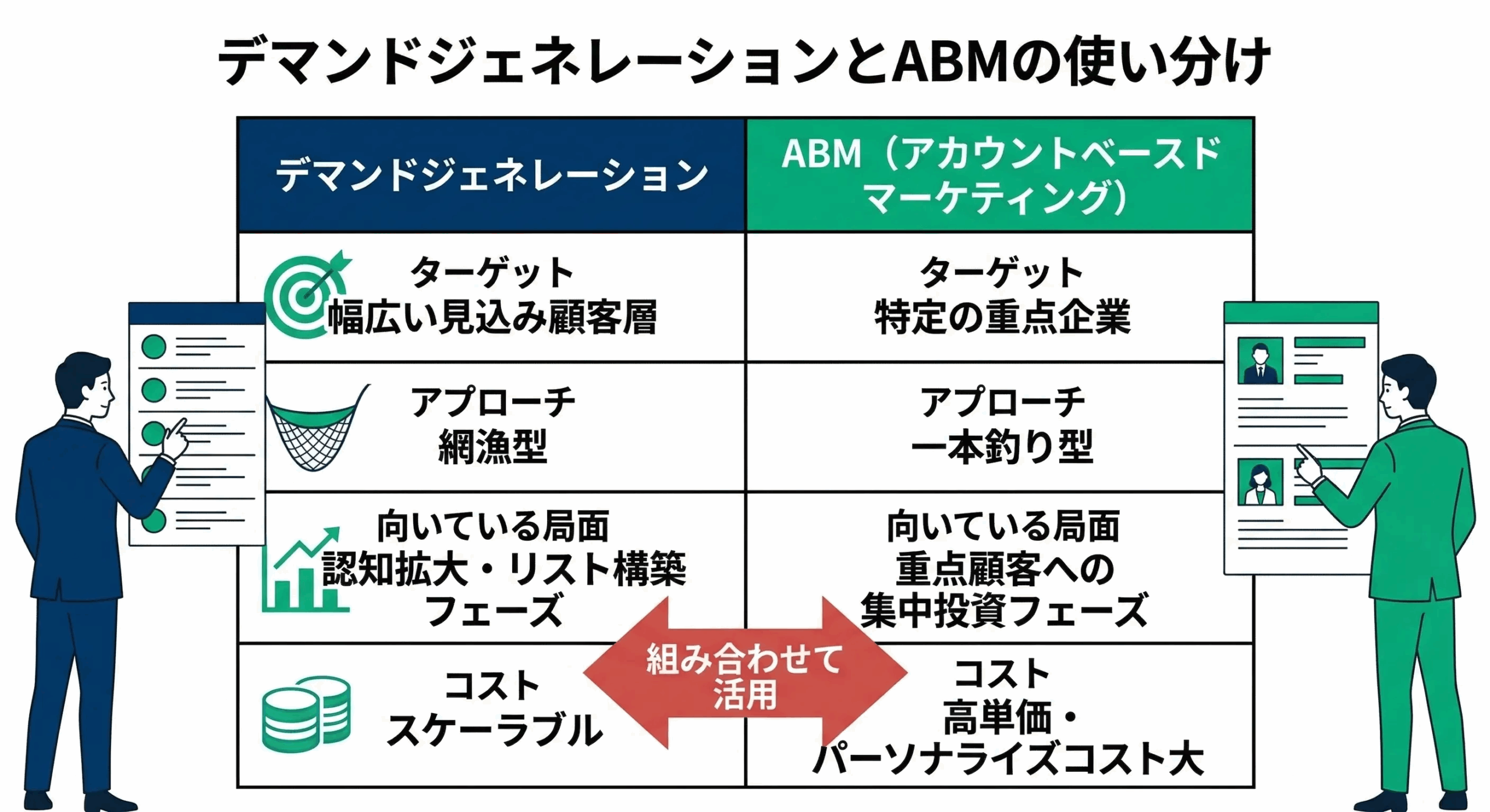 デマンドジェネレーションとABMの使い分けを比較した表。ターゲットは幅広い見込み顧客層と特定の重点企業、アプローチは網漁型と一本釣り型、向いている局面は認知拡大・リスト構築フェーズと重点顧客への集中投資フェーズ、コストはスケーラブルと高単価・パーソナライズコスト大、と対比し、組み合わせて活用すると示している